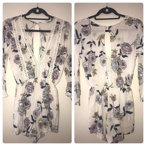 Cream Flower Print Romper with Crochet Detail